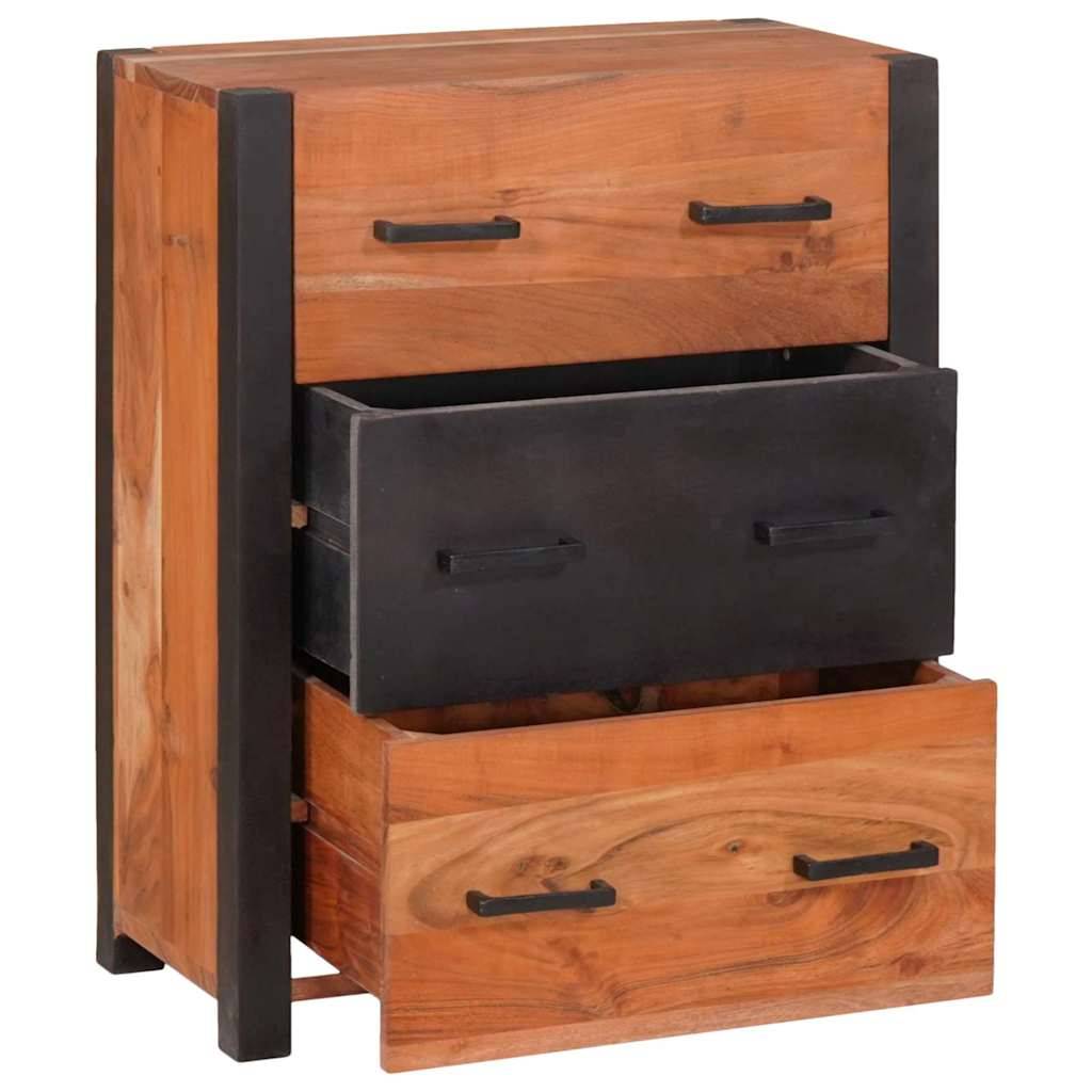 Ein Holzkommode mit drei Schubladen, gefertigt aus naturbelassenem Holz mit schwarzen Metallakzenten, wobei zwei Schubladen leicht geöffnet sind.