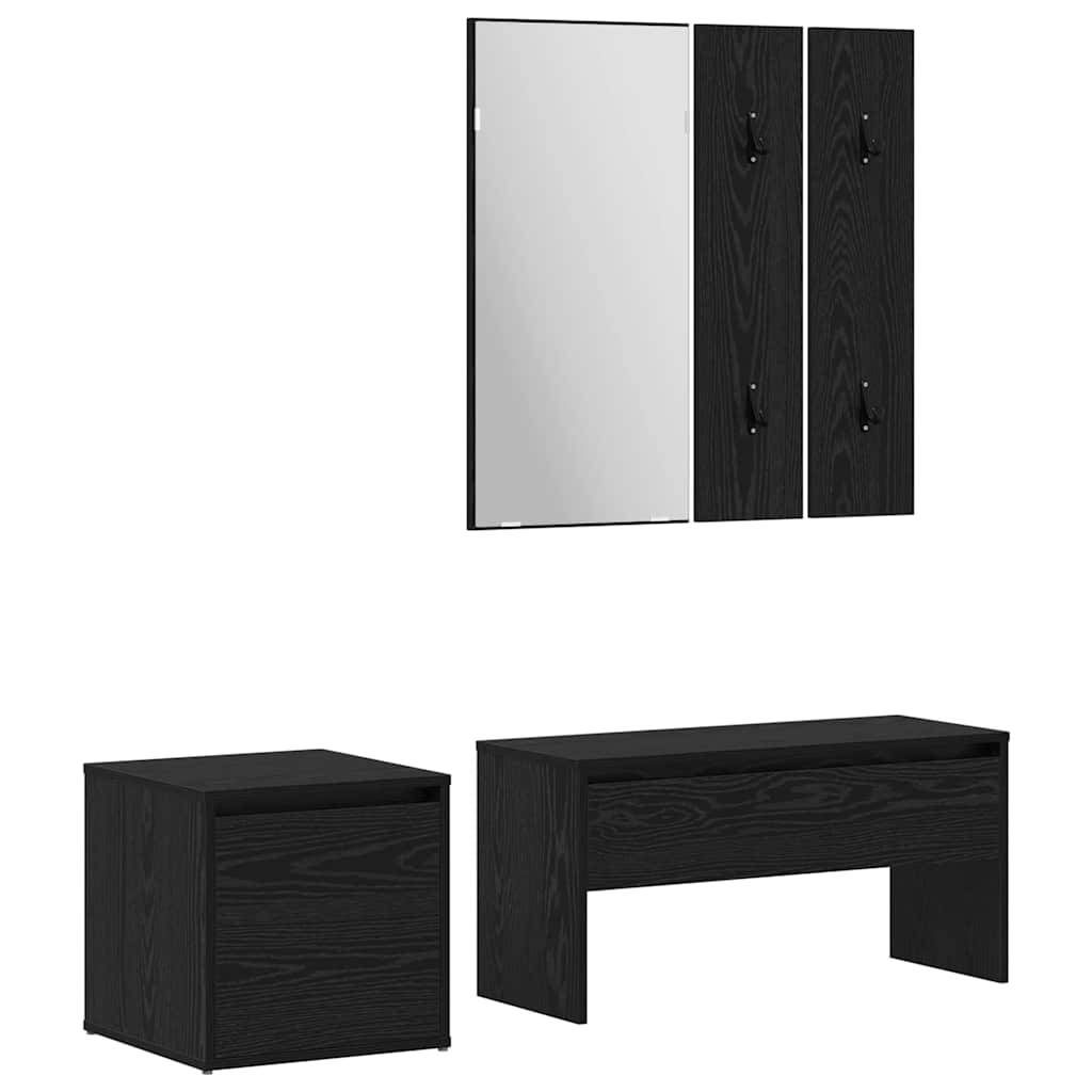 Schwarzes Holzmöbelset mit wandmontiertem Spiegel, zweitürigem Schrank, Schreibtisch und kleiner Aufbewahrungsbox. Schlichtes, modernes Design.