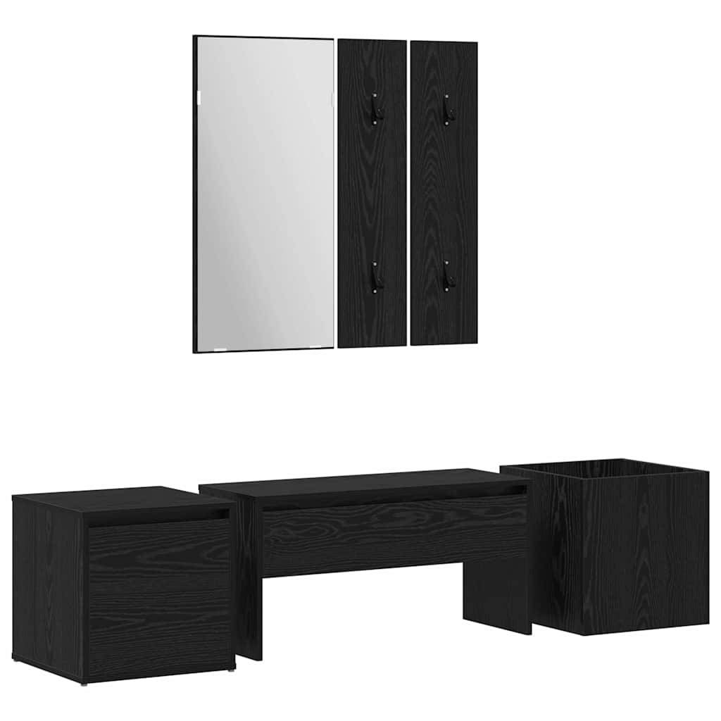 Ein schwarzes modulares Flurmöbel-Set umfasst einen Spiegel, zwei Garderobenständer, eine Bank und Stauraumfächer, die für einen Eingangsbereich konzipiert sind.