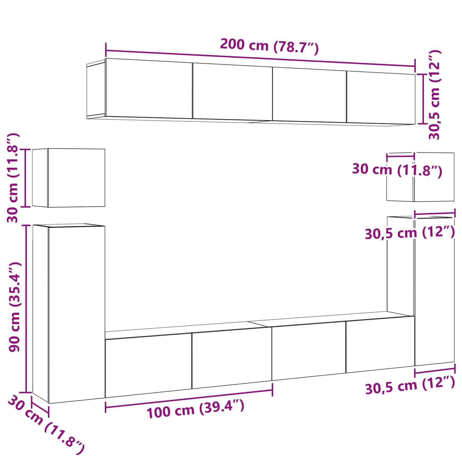 Modulares Regalsystem-Diagramm mit verschiedenen Abschnitten, Maßangaben in Zentimetern und Zoll, das Layoutoptionen veranschaulicht.