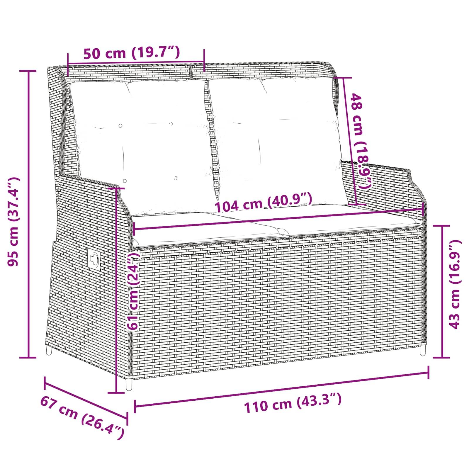 Eine Skizze eines Rattanmöbels (Zweisitzersofa) mit Abmessungen: Höhe 95 cm, Breite 110 cm, Tiefe 67 cm. Weitere Maße für Einzelteile sind vermerkt.