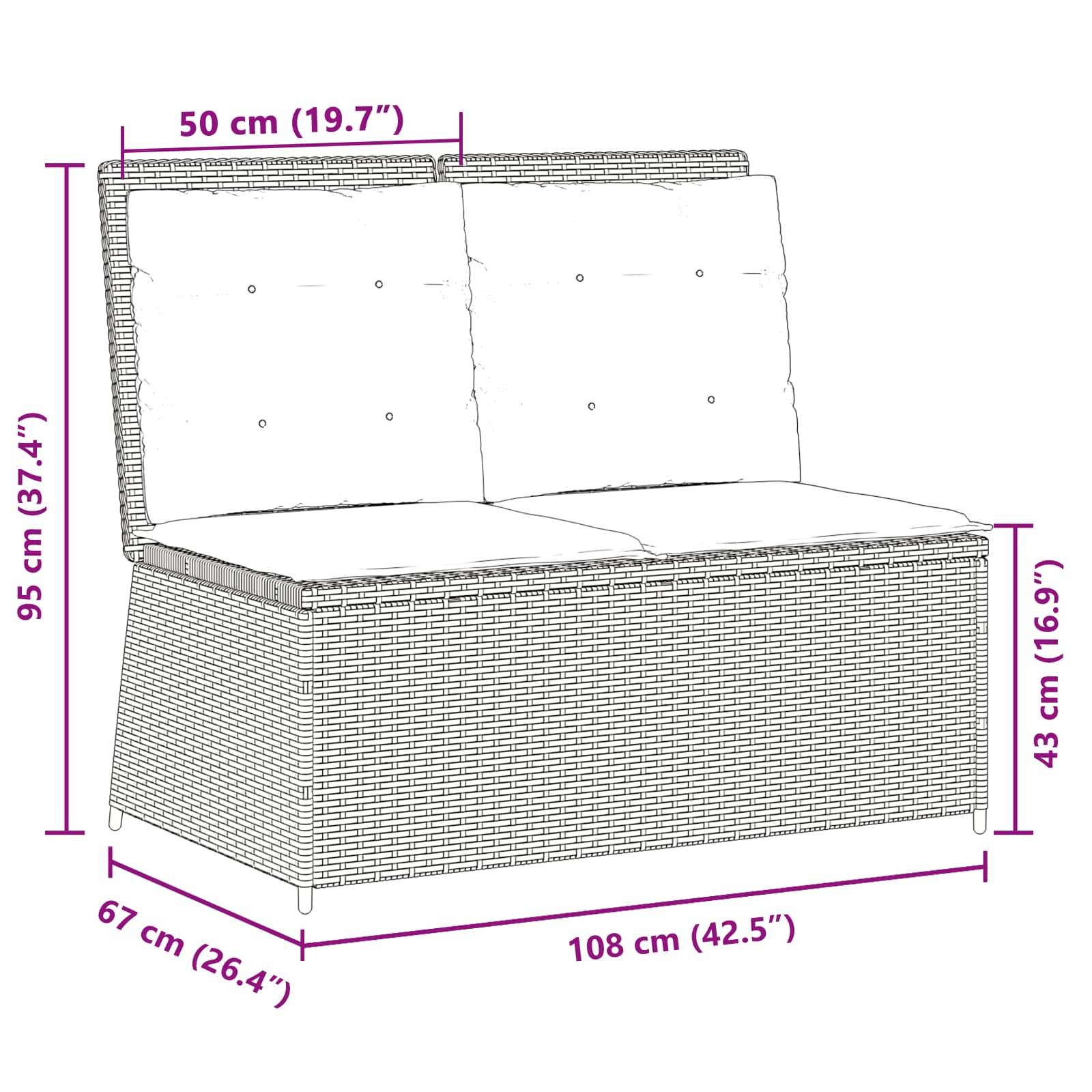 Eine technische Zeichnung einer zweisitzigen Korbbank mit folgenden Abmessungen: 95 cm hoch, 108 cm breit, 67 cm tief, Sitzhöhe 43 cm, Rückenhöhe 50 cm.