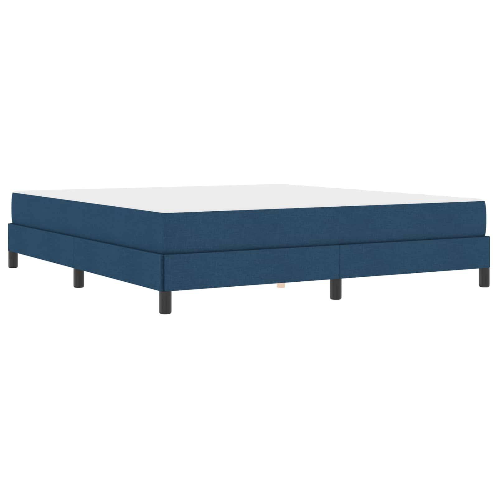 Eine blaue, niedrige Bettunterlage mit weißer Oberfläche und schwarzen Beinen ist zu sehen, die eine unterstützende Basis für eine Matratze bildet.
