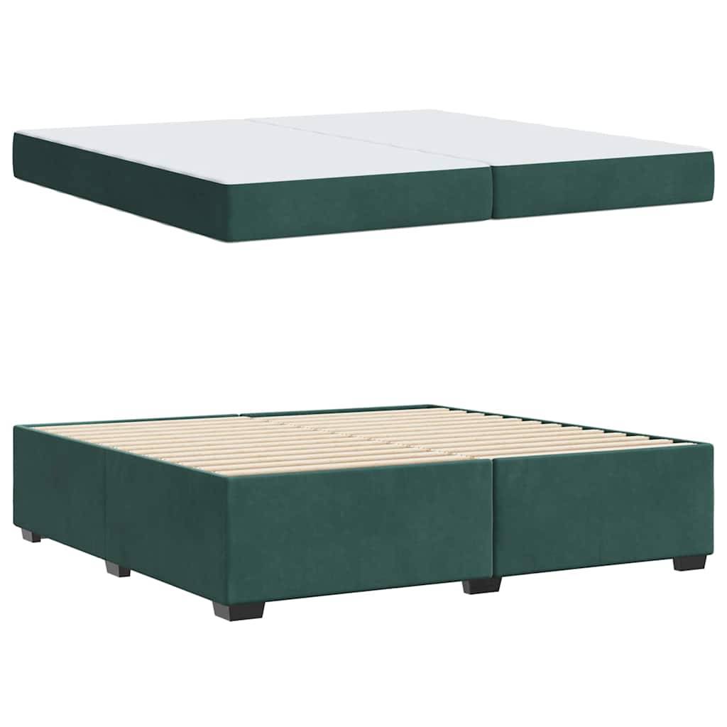 Grüner Boxspringbettenrahmen in Queensize, ausgestattet mit Holzlatten und niedrigem Profil-Design, dargestellt in zwei Perspektiven: Schrägansicht von oben und Seitenansicht.