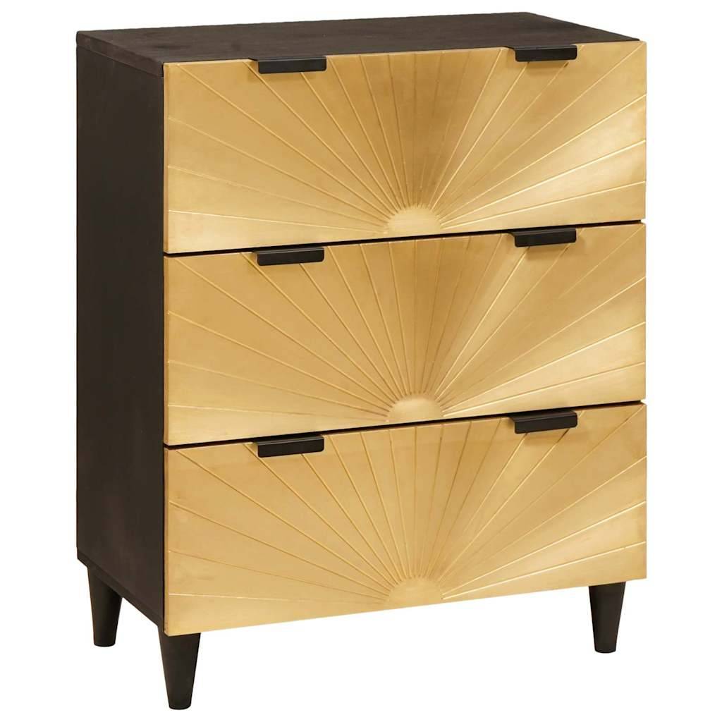 Kommode mit drei Schubladen, Schubladen mit goldenem Sonnenstrahlen-Design an der Vorderseite, schwarze Seitenwände und verjüngte schwarze Beine.