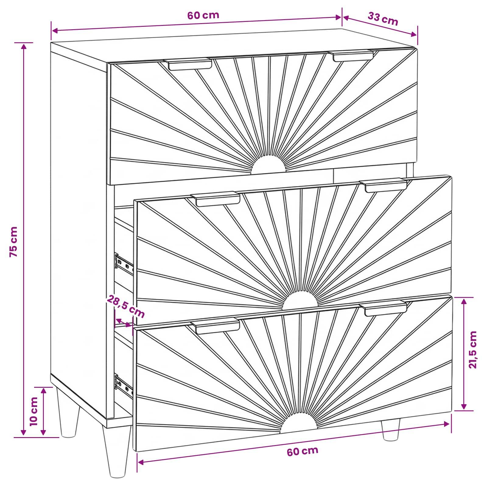 Maßstabsgetreue Linienzeichnung eines dreischubladigen Schranks mit vorderen Sonnenstrahlen-Paneelen und Abmessungen: 60 cm breit, 75 cm hoch, 33 cm tief.