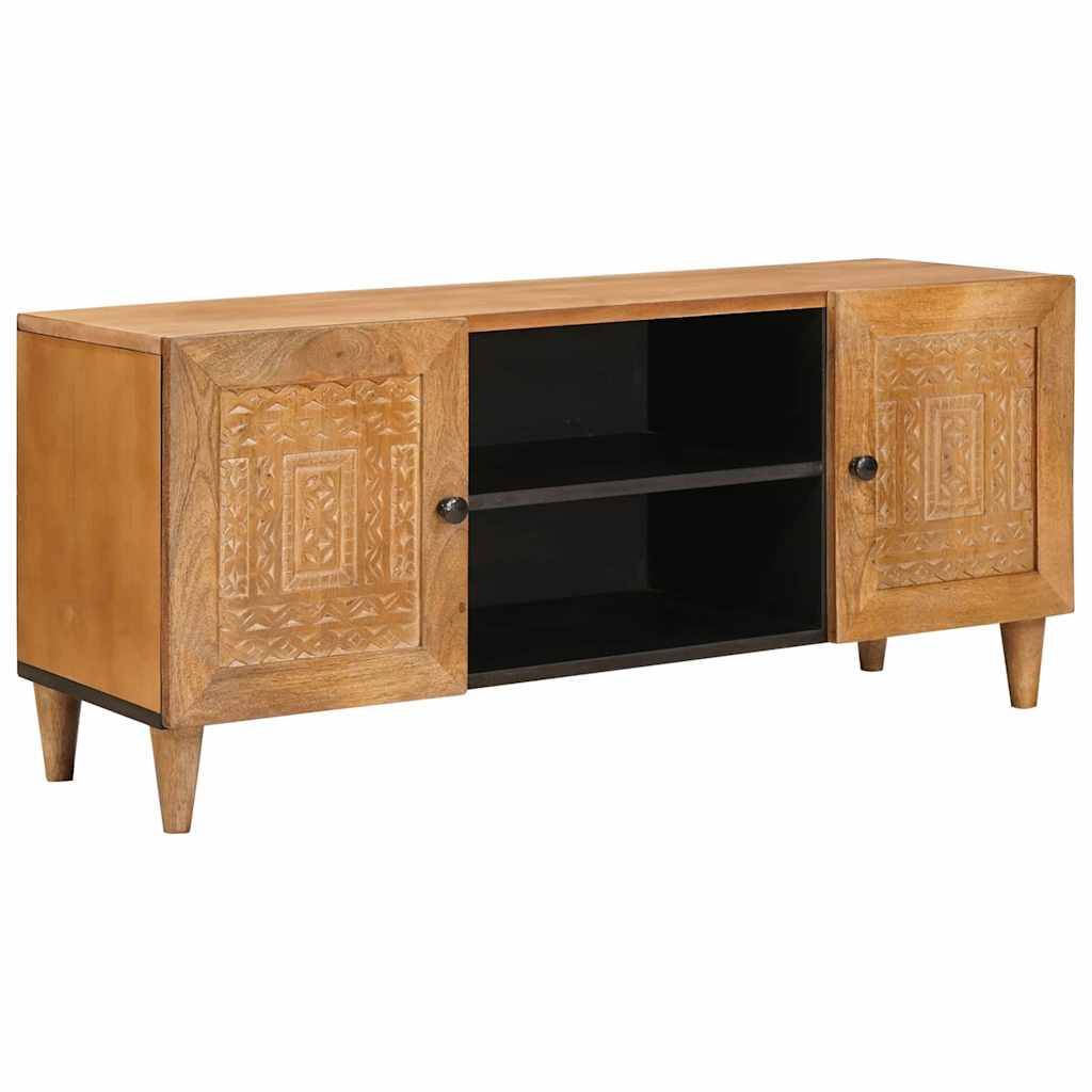 Holzschrank mit zwei geschnitzten Türen und offenen schwarzen Regalen in der Mitte auf kurzen Beinen.