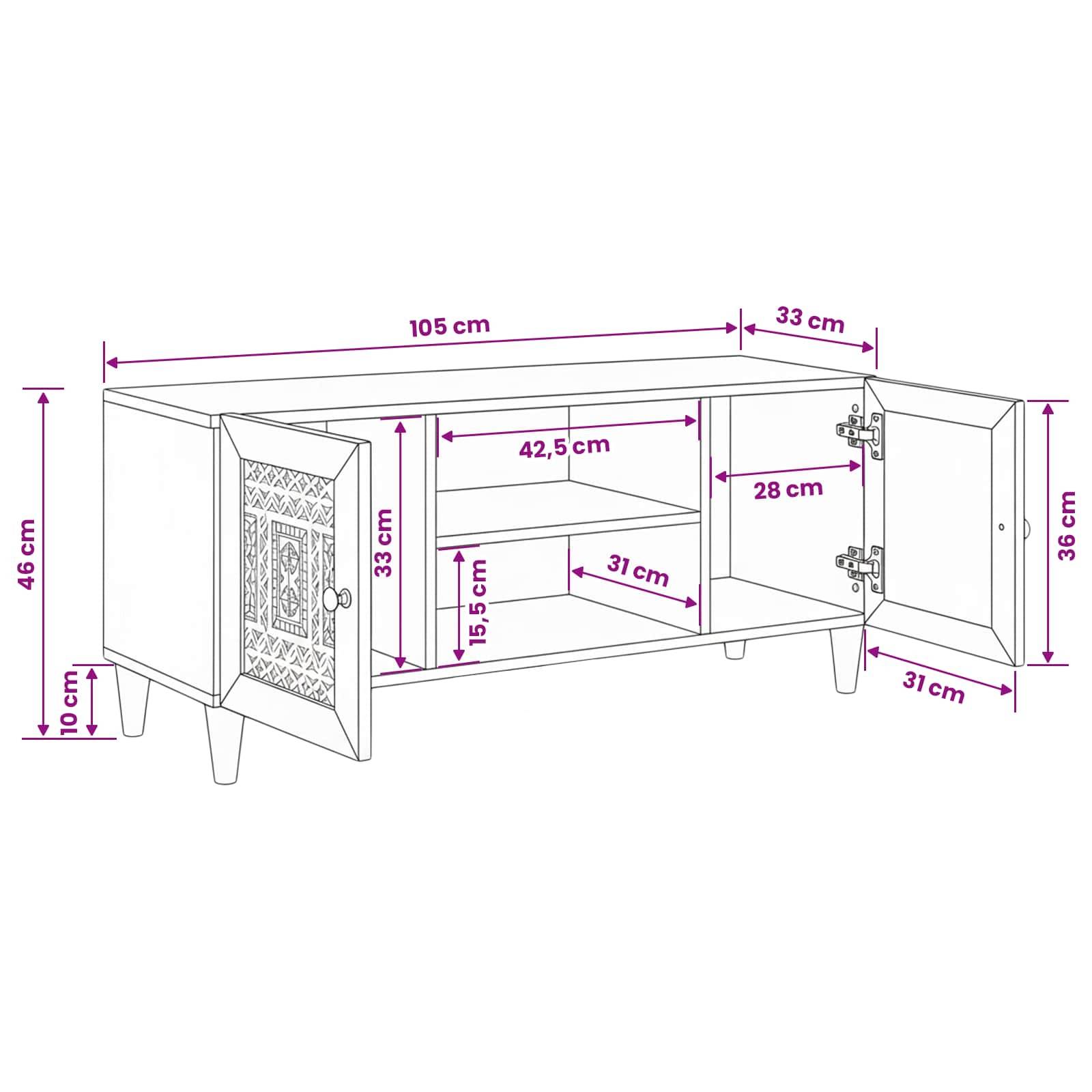 Schrank-Diagramm mit beiden offenen Türen, das die Gesamtgröße von 105 cm Breite, 46 cm Höhe, 33 cm Tiefe und die Abmessungen der inneren Regale zeigt.