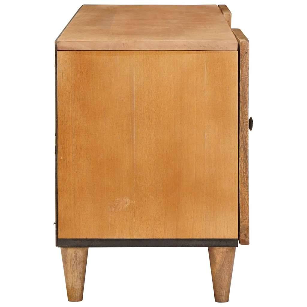 Holzschrank oder Beistelltisch mit glatter Frontplatte, flacher Oberseite und sich verjüngenden Beinen, von vorne vor weißem Hintergrund dargestellt.