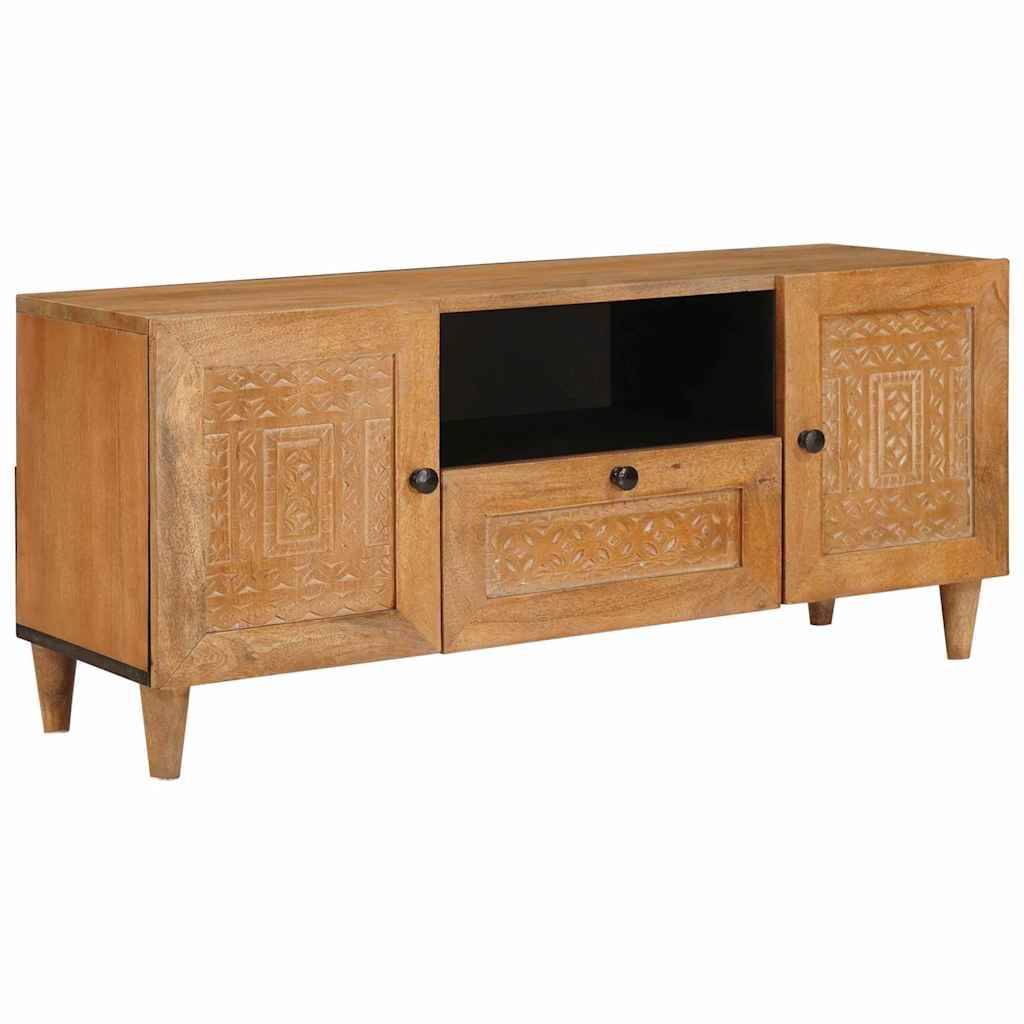 Holz-TV-Konsolenschrank mit geschnitzten Türen, offenes Mittelfach und eine untere Schublade auf kurzen Beinen vor weißem Hintergrund.