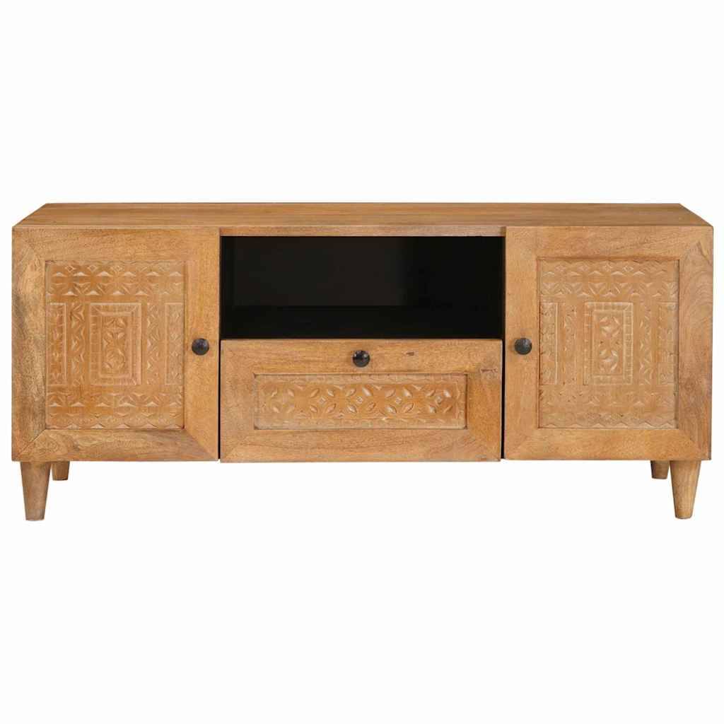 Holz-Fernsehschrank mit geschnitzten Türen, offenem Mittelfach und Schublade unten auf kurzen Beinen.
