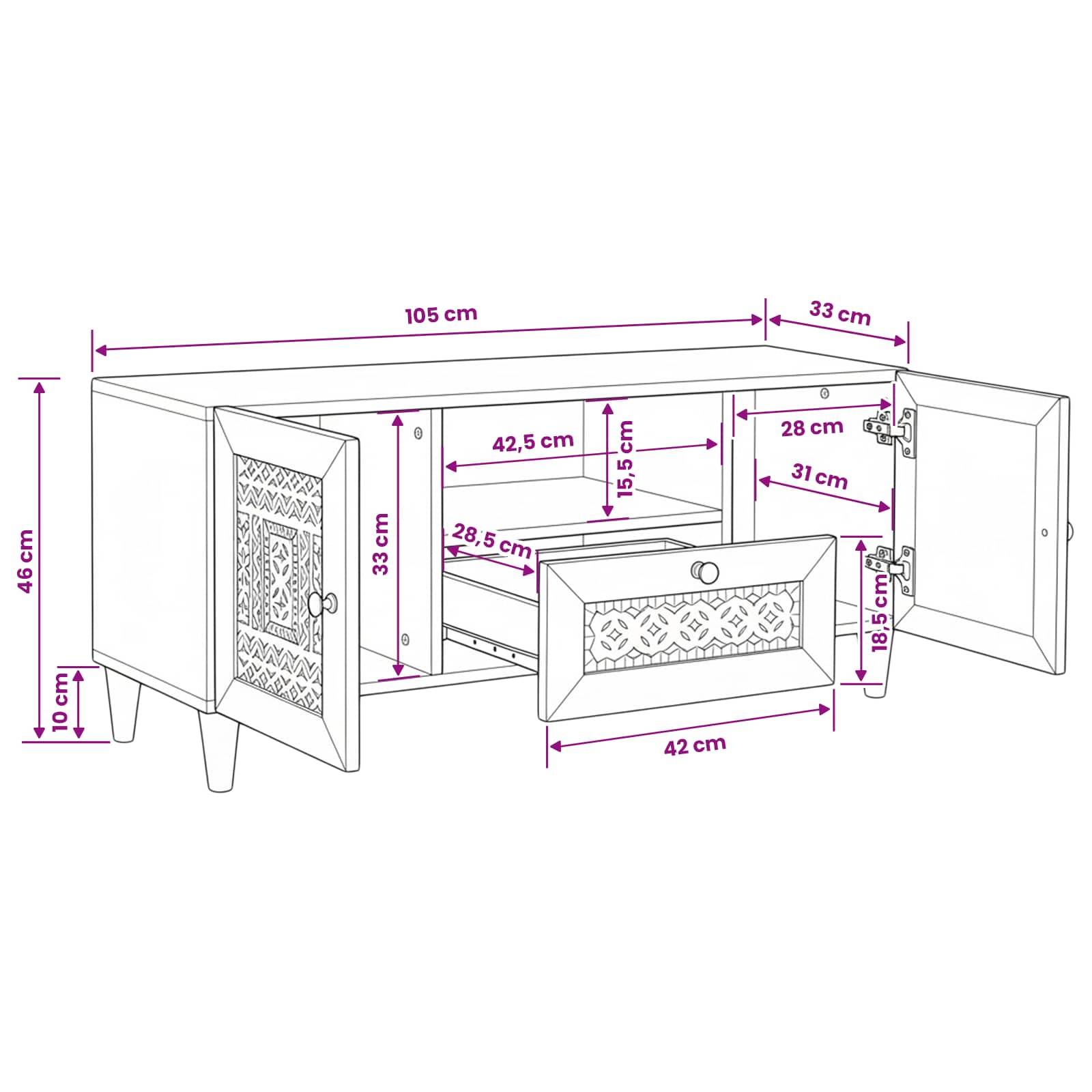 Strichzeichnung eines Sideboard-Schranks mit offenen Türen und Schublade, mit Abmessungen in cm: 105 breit, 46 hoch, 33 tief und Fachmaße.