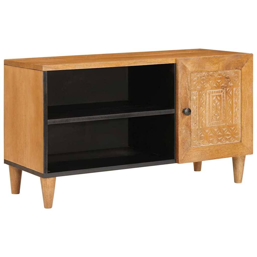 Holzschrank mit offenen schwarzen Regalen und einer geschnitzten Tür auf der rechten Seite, gezeigt auf kurzen konischen Beinen.