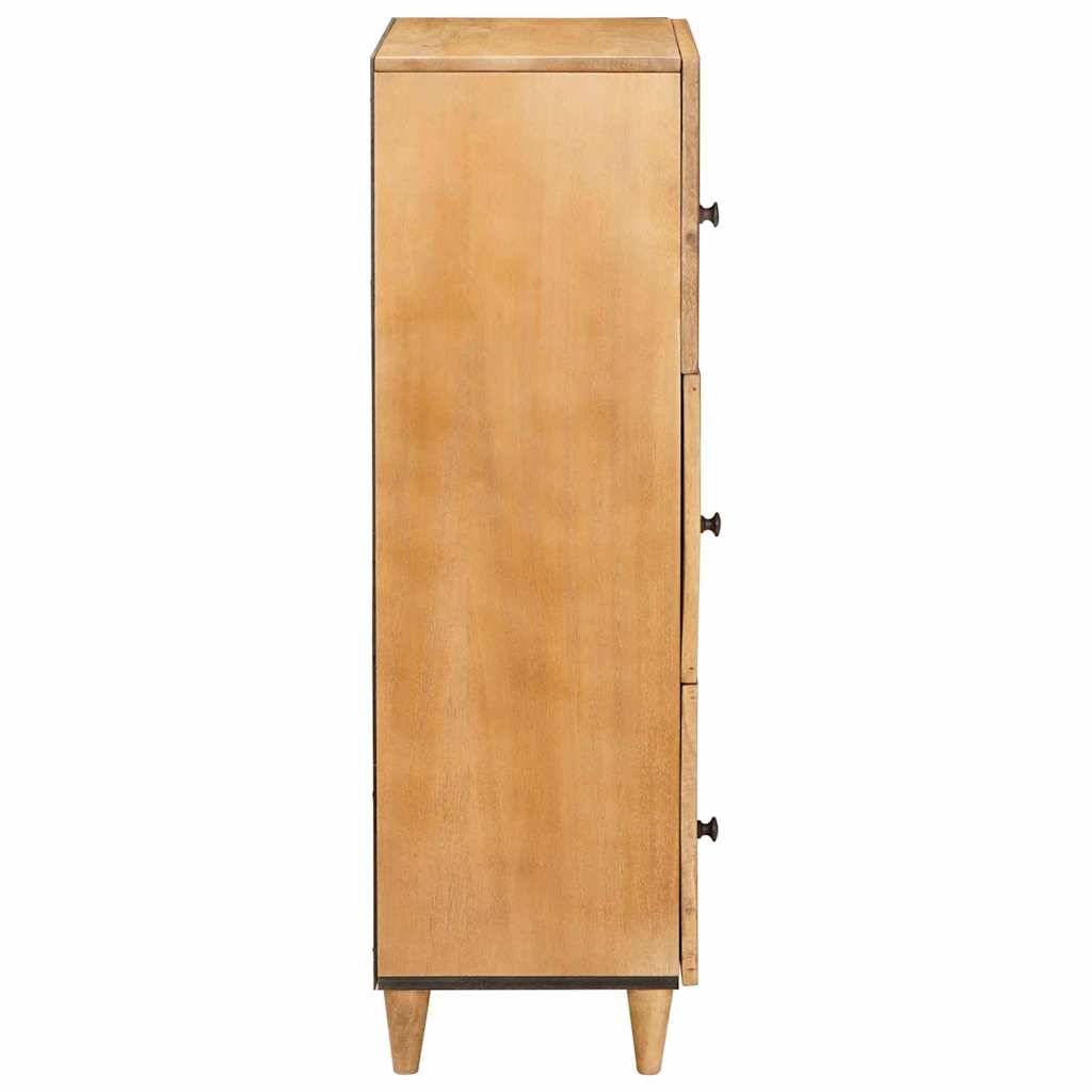 Hohes Schrank aus hellem Holz mit einer einzelnen Vordertür, verjüngten Beinen und drei kleinen Seitengriffen, gezeigt vor einem einfachen weißen Hintergrund.