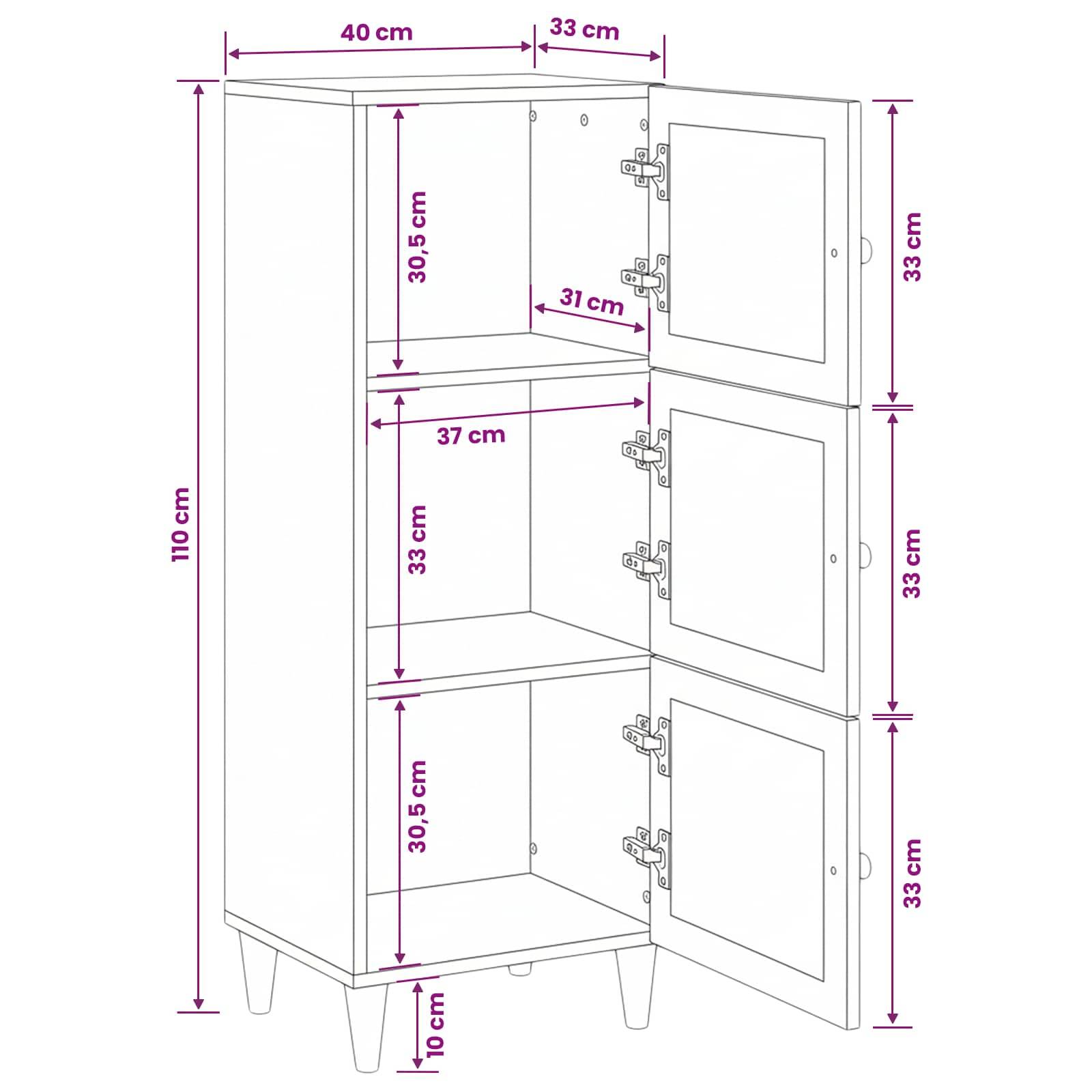 Maßstabgerechte Linienzeichnung eines dreitürigen Schranks mit Maßen: 110 cm hoch, 40 cm breit, 33 cm tief, mit drei 33 cm Fächern und 10 cm Beinen.