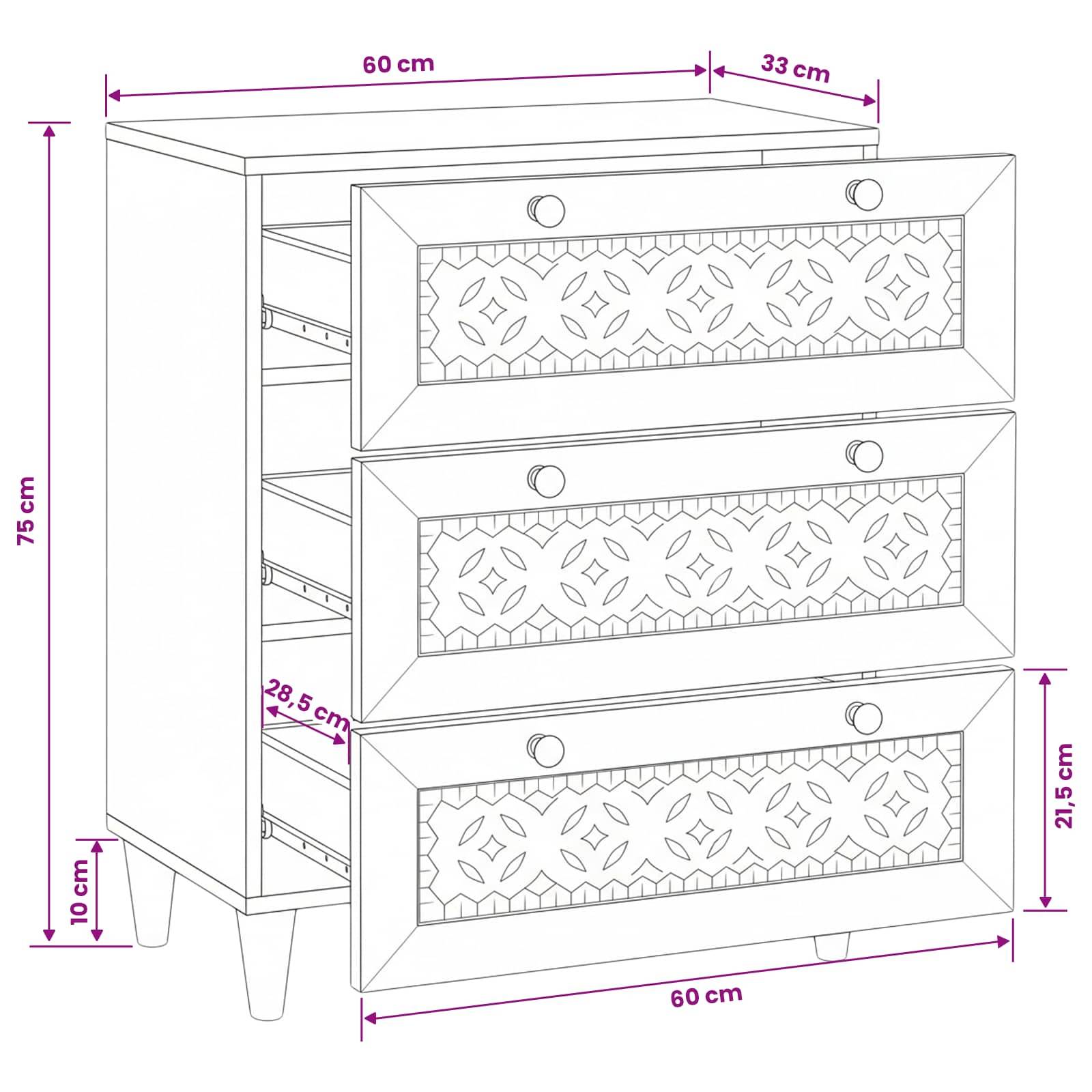 vidaXL Sideboard Weiß 60 x 33 x 75 cm massives Mangoholz