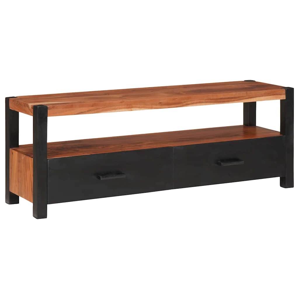 Ein Fernsehtisch aus Holz mit einer braunen Platte und zwei schwarzen Schubladen, der ein modernes und minimalistisches Design aufweist.