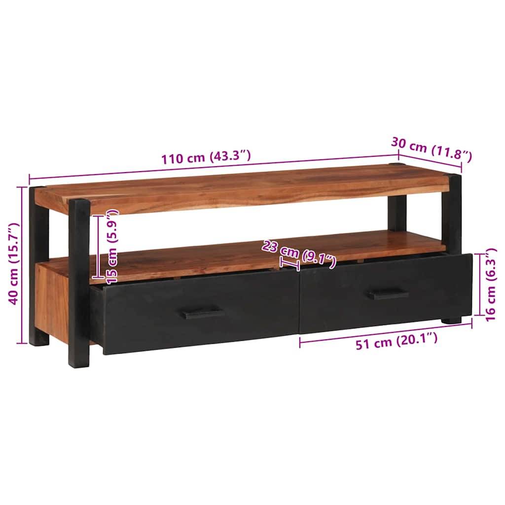 TV-Ständer aus Holz mit Maßen: 110 cm breit, 30 cm tief und 40 cm hoch. Ausgestattet mit 2 Schubladen, jede 51 cm breit, 23 cm tief und 16 cm hoch.
