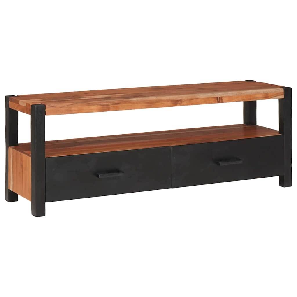 Ein Fernsehtisch aus Holz mit einem zweifarbigen Finish, ausgestattet mit einem oberen Regalfach und zwei schwarzen Schubladen.