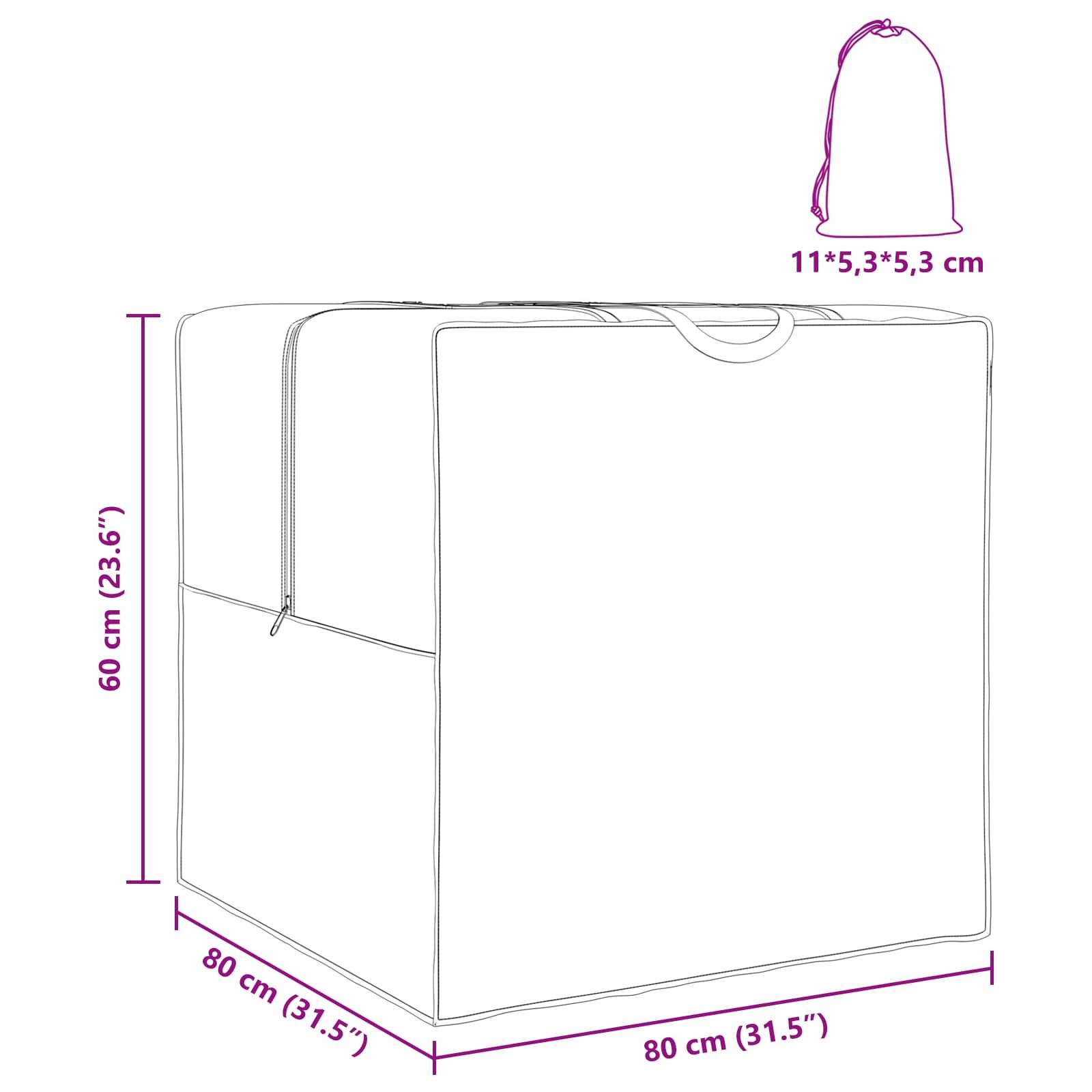 Diagramm einer würfelförmigen Aufbewahrungstasche mit 80 cm Breite, 80 cm Tiefe und 60 cm Höhe. Enthält eine Ansicht im gefalteten Zustand mit Abmessungen von 11 x 5,3 x 5,3 cm.