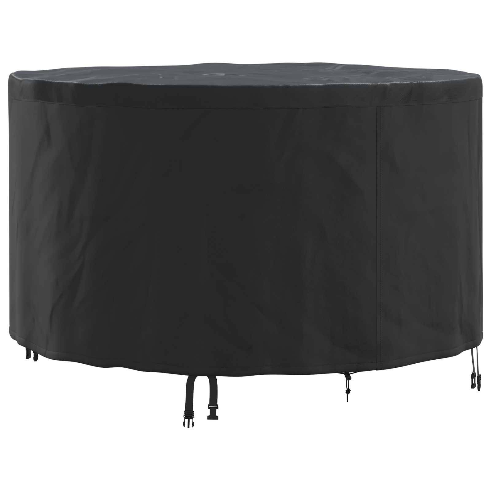 Schwarze runde Tischabdeckung mit verstellbaren Trägern zum Befestigen über Outdoor-Möbel, die diese vor Witterungselementen schützt.