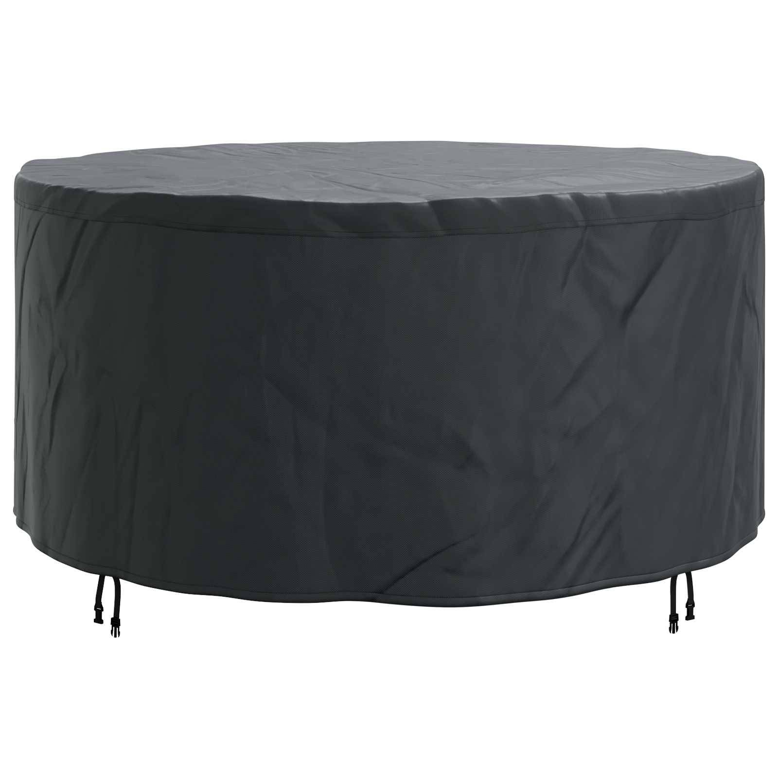 Eine runde, schwarze Schutzabdeckung für einen Gartentisch, die darauf ausgelegt ist, Gartenmöbel vor Wettereinflüssen zu schützen.
