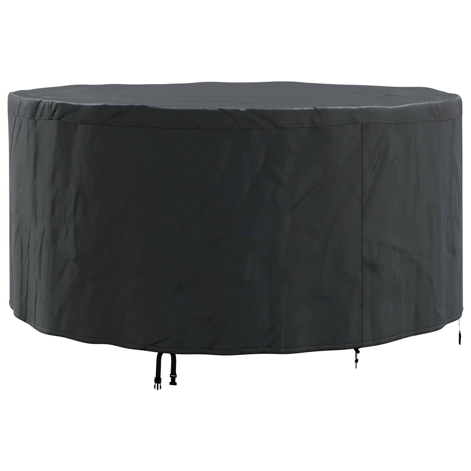 Eine schwarze Schutzabdeckung, die passgenau über einen runden Whirlpool gezogen wird und ihn vor Witterung und Ablagerungen schützt, wenn er nicht benutzt wird.