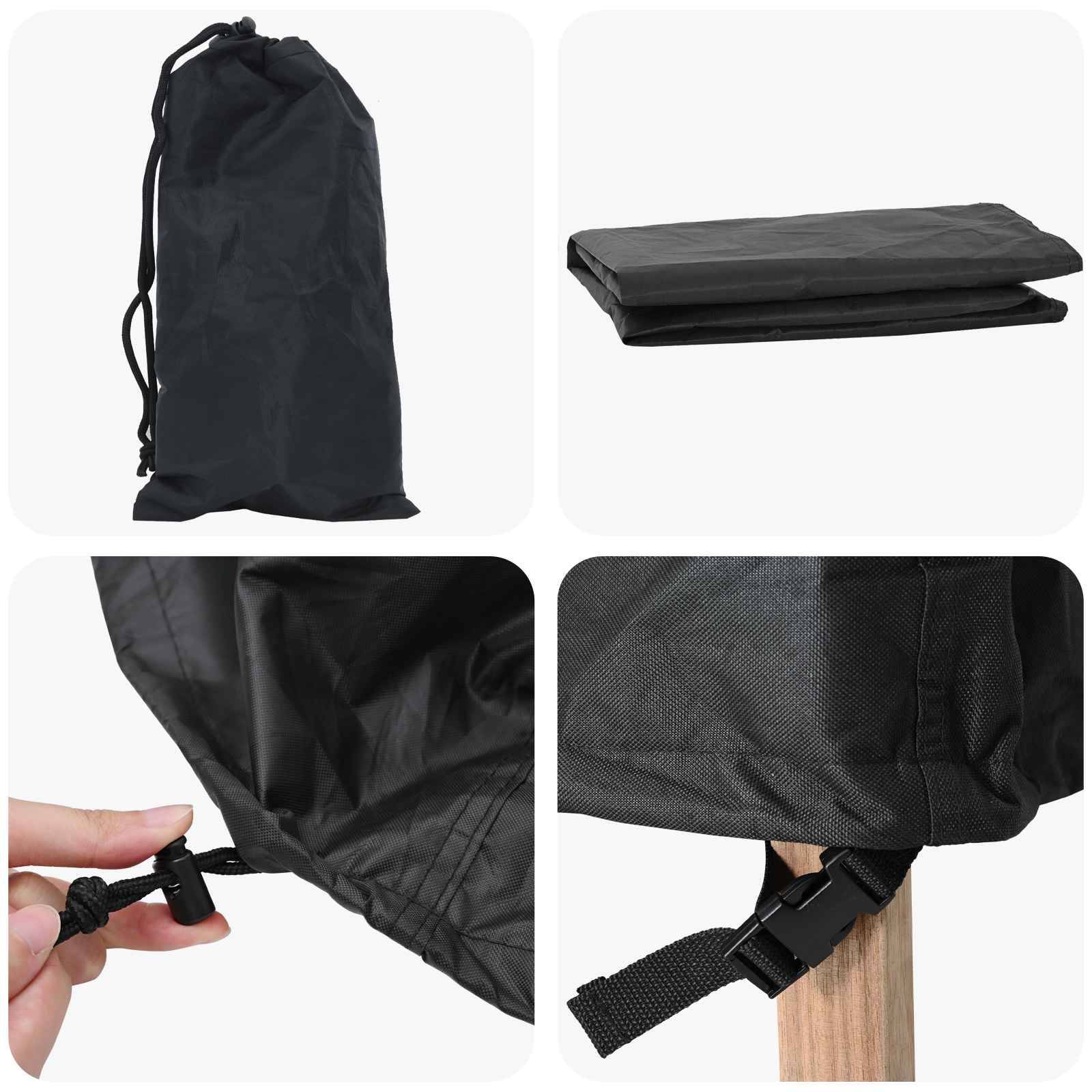 Kollage eines schwarzen Gartenmöbel-Schutzbezugs mit Kordelzugbeutel, zusammengefaltetem Bezug, Nahaufnahme der Kordel und Schnallenbefestigung an der Möckelecke.