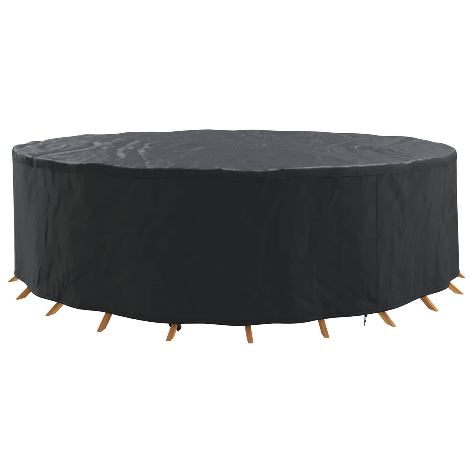 Eine runde schwarze Abdeckung passt sicher über Gartenmöbel und schützt sie vor Witterungseinflüssen. Kleine Schlaufen mit Bindebändern sind am unteren Rand sichtbar.