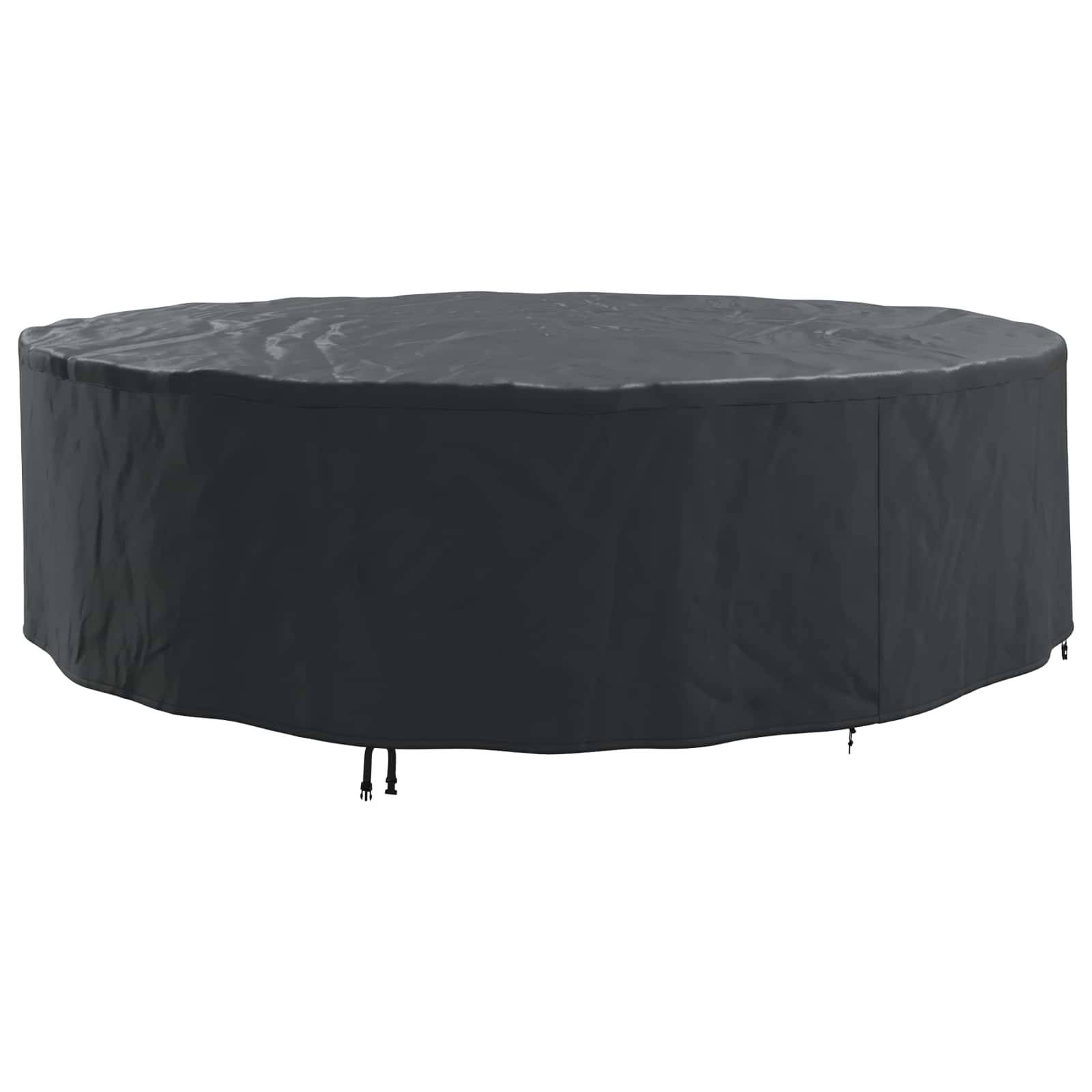Runde schwarze Terrassenmöbel-Abdeckung mit Kordelzugverschluss, entwickelt zum Schutz vor Witterungsbedingungen.