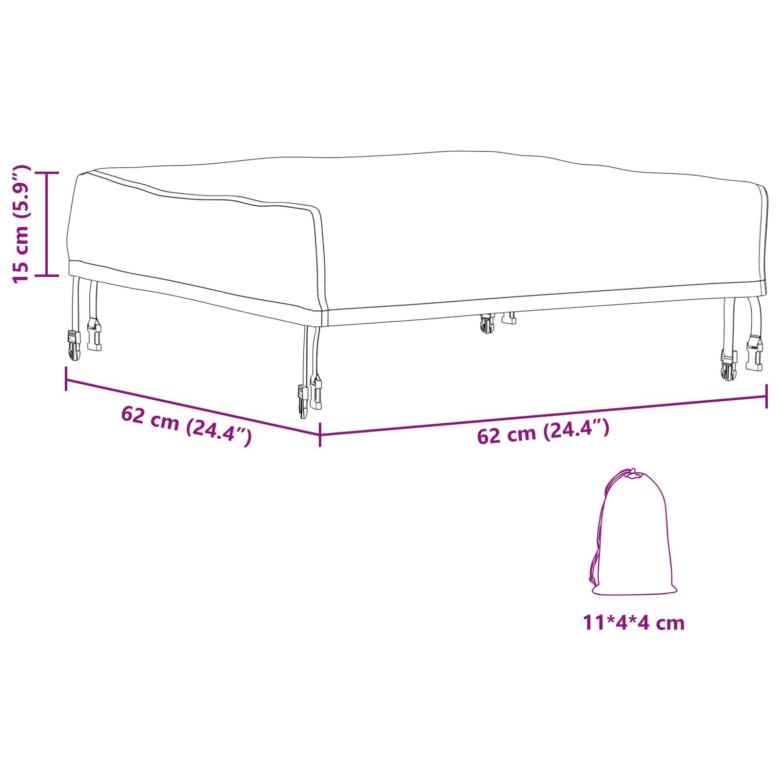 Diagramm eines Kissens mit den Maßen 62 cm x 62 cm und 15 cm Höhe. Verpackungsgröße ist 11*4*4 cm. Abmessungen werden mit beschrifteten Linien dargestellt.