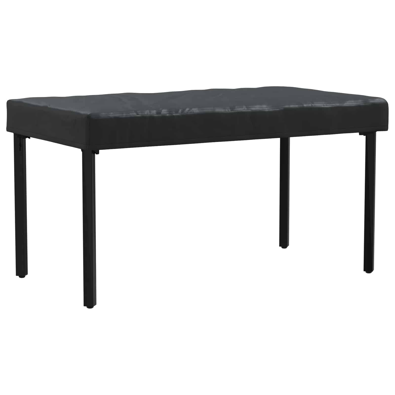 Eine schwarze Klavierbank mit gepolstertem Sitz und vier geraden Beinen, designed for Komfort und Unterstützung beim Klavierspielen.