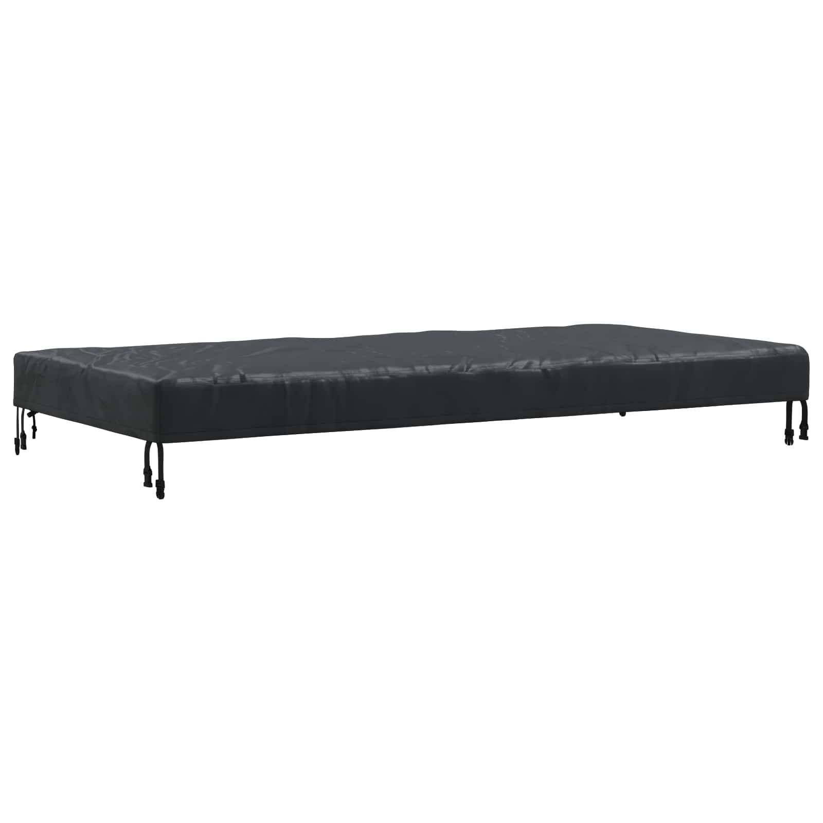 Ein schwarzes Metallbettgestell mit einfachem, flachem Design und kurzen Beinen.