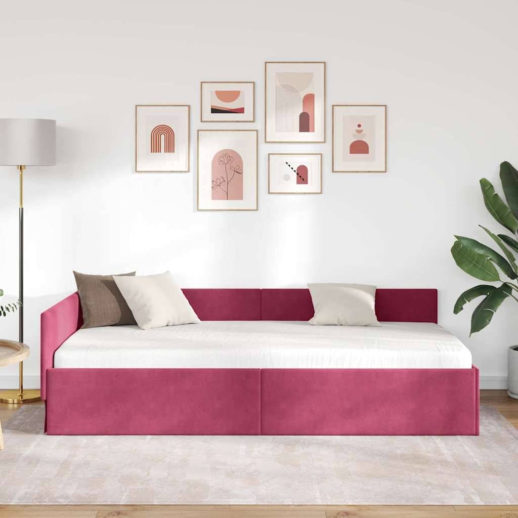 vidaXL Eckbettgestell mit Kopfteil Weinrot 100 cm x 200 cm Samt
