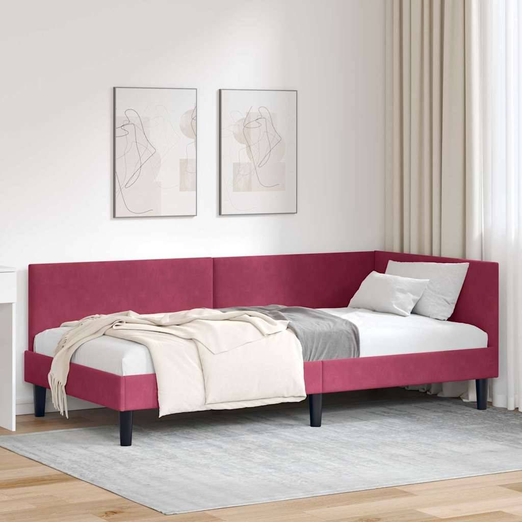 vidaXL Eckbettgestell mit Kopfteil Weinrot 90 cm x 190 cm Samt
