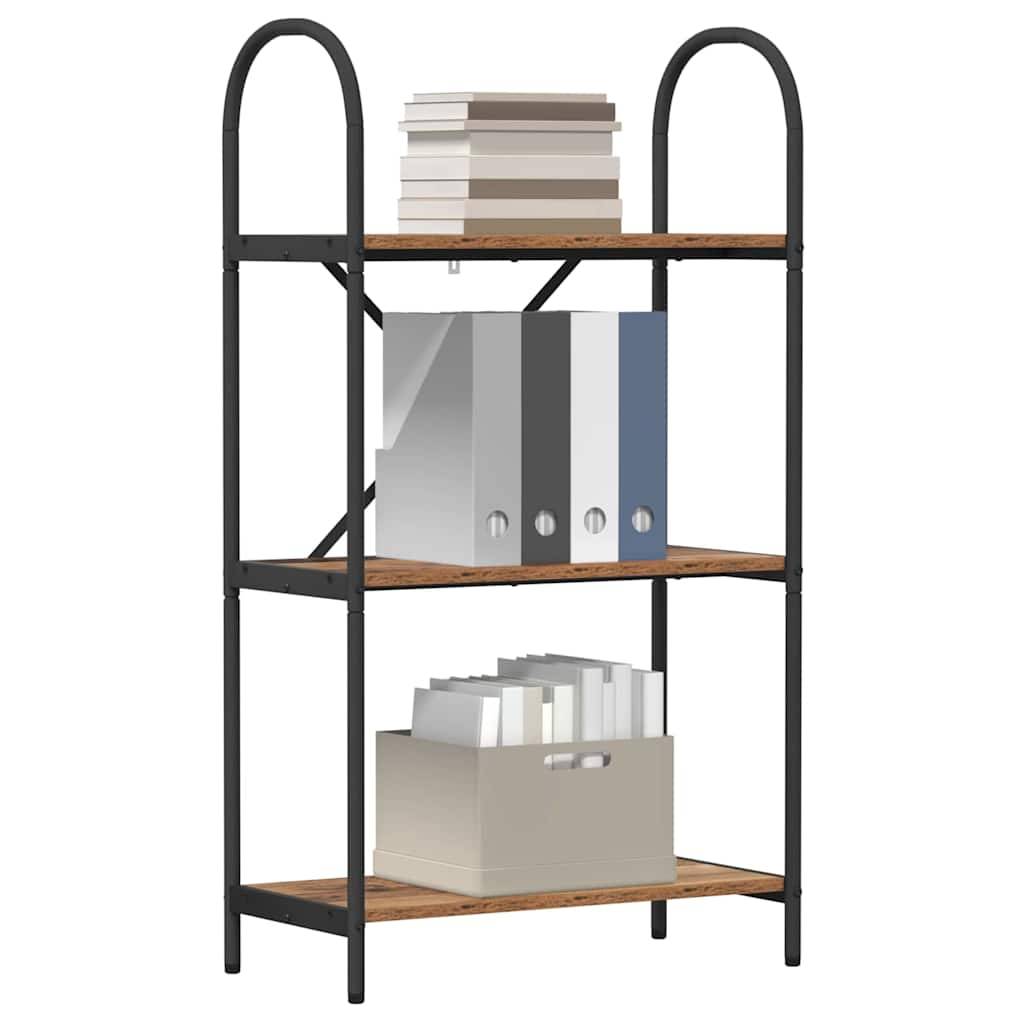 Ein dreistufiges industrielles Bücherregal mit schwarzem Metallrahmen, Holzregalen und bestückt mit Büchern, Ordnern und einer Aufbewahrungsbox.