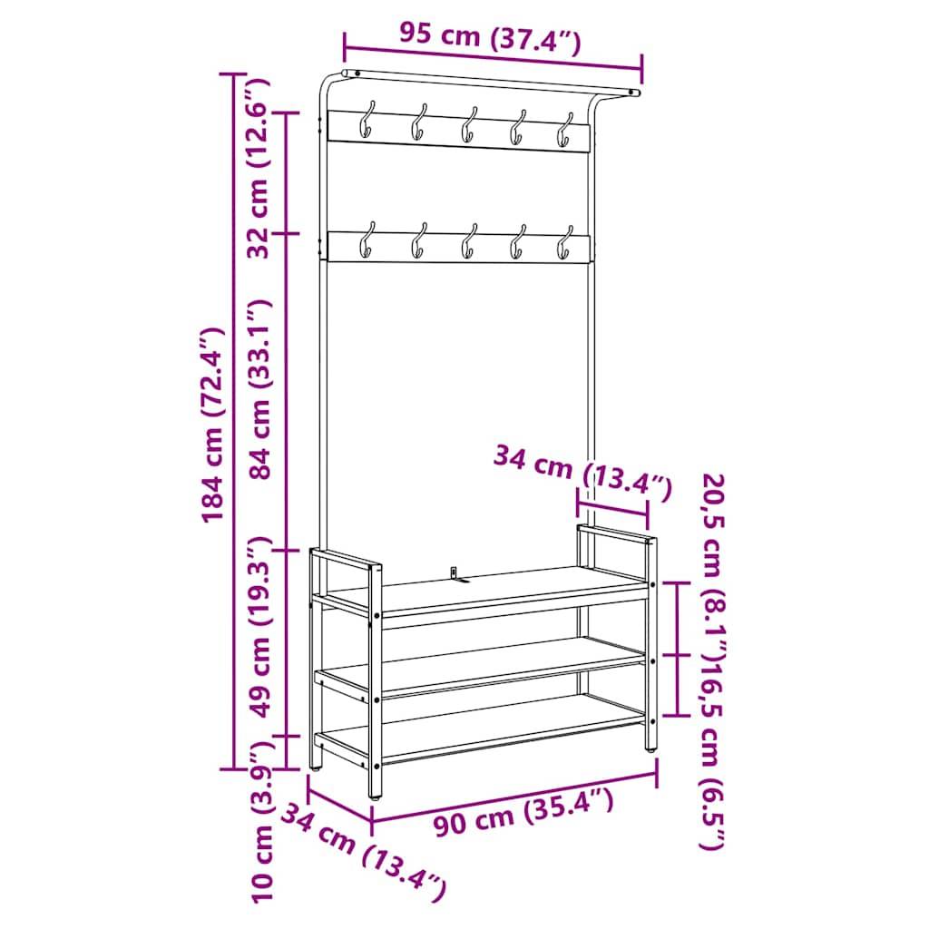 vidaXL Garderobenständer Artisan-Eiche 95 x 34 x 184 cm Holzwerkstoff