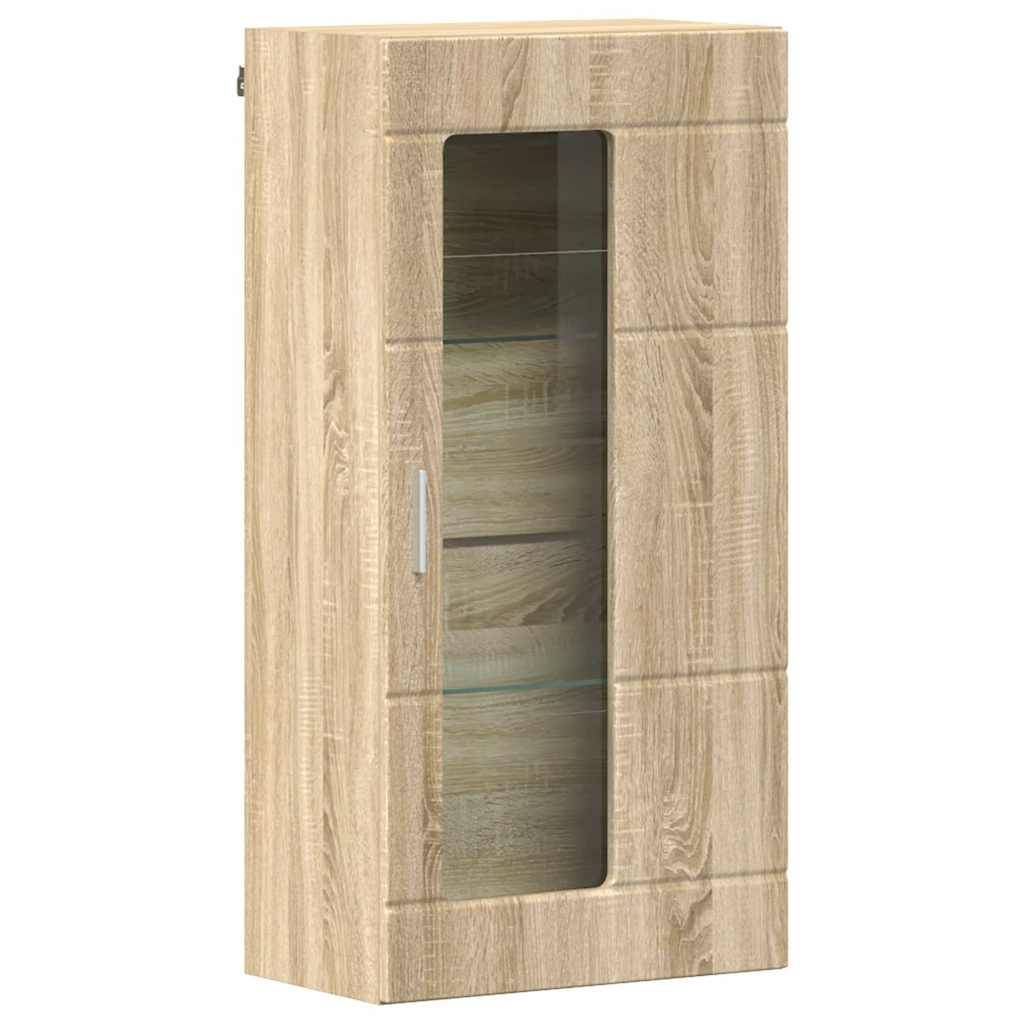 Holz-Wandschrank mit Glastür und drei Innenregalen, in heller Eichenholz-Ausführung.