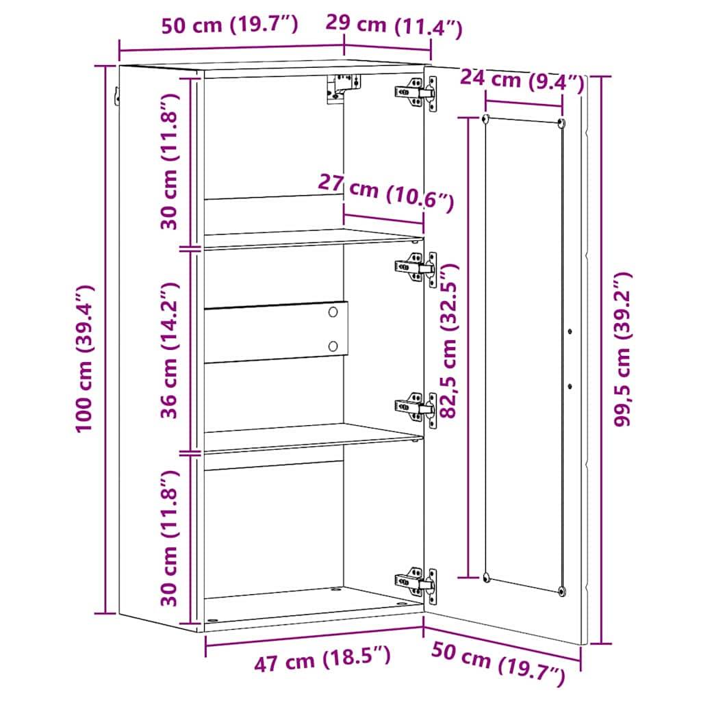 Ein Diagramm eines Wandschranks mit Abmessungen: 100 cm Höhe, 50 cm Breite und 29 cm Tiefe. Er hat drei verstellbare Regale und eine verspiegelte Tür.