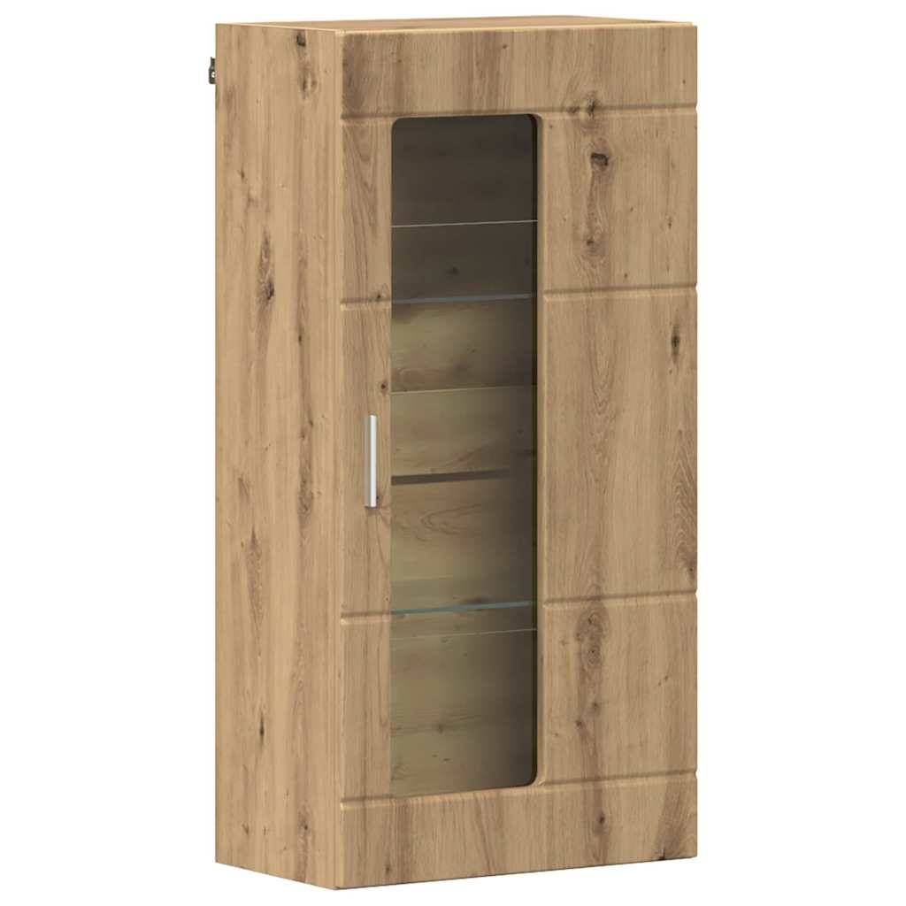 Ein hoher Holzschrank mit einer Glastür, der mehrere Einlegeböden im Inneren aufweist und sich zum Aufbewahren von Gegenständen eignet.