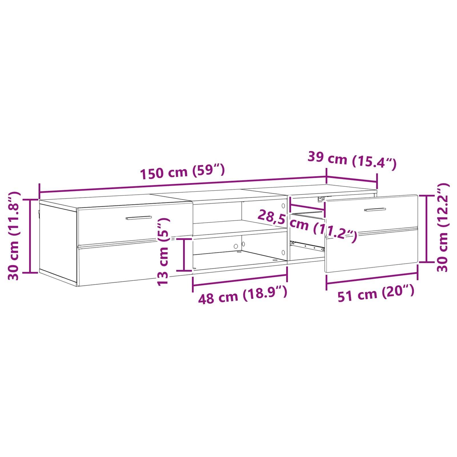 Niedriger Fernseh-Ständer mit Abmessungen: Breite 150 cm (59