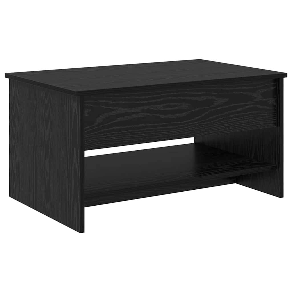 Ein schwarzer Holz-Couchtisch mit einem unteren Regal zur Aufbewahrung, ausgestattet mit einem einfachen, modernen Design.
