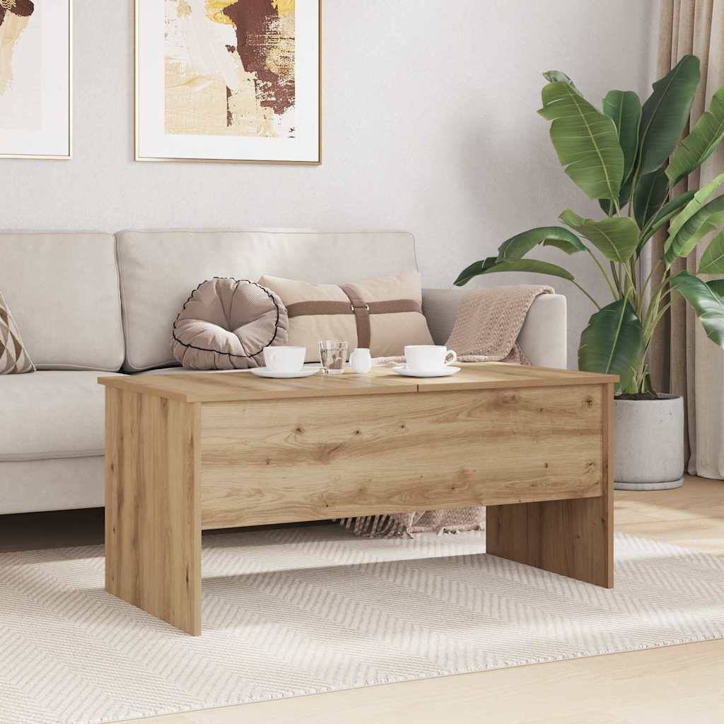 Ein gemütliches Wohnzimmer mit einem beigen Sofa, dekorativen Kissen, einem Holzcouchtisch und einer großen Zimmerpflanze. Neutrale Wandkunst verleiht Wärme.