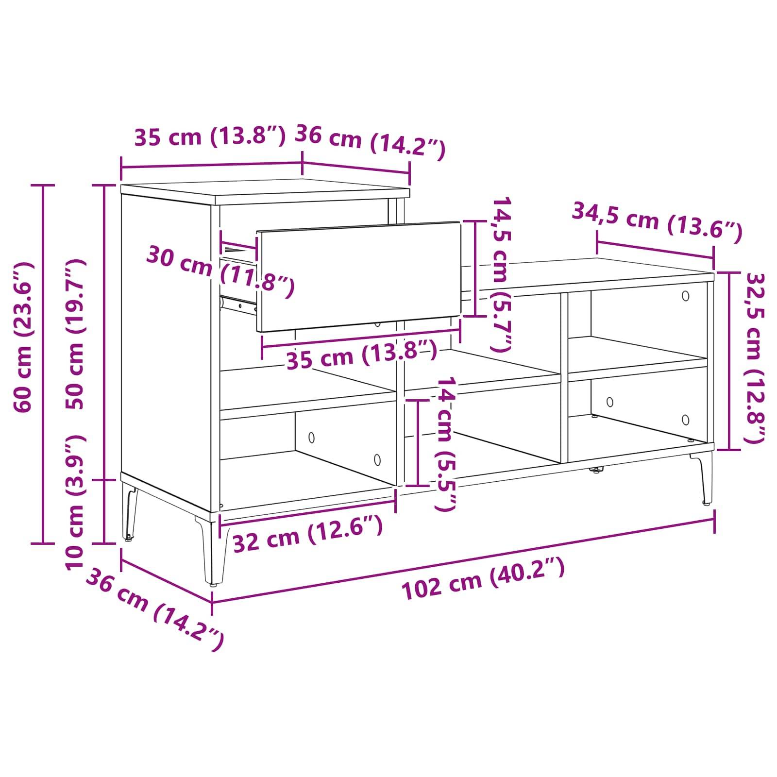 vidaXL Schuhschrank mit Regal Altholz 102 x 36 x 60 cm Holzwerkstoff