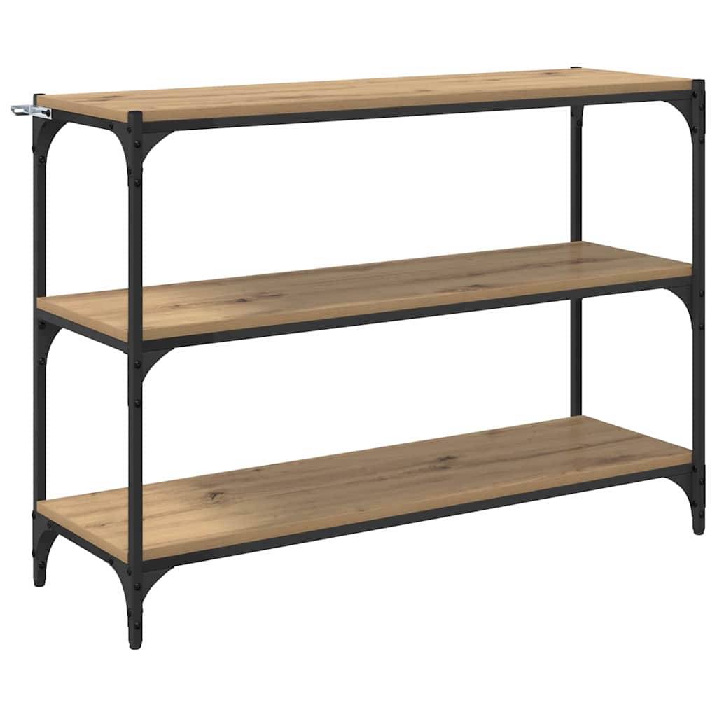 Ein dreistufiges Holzregal mit einem dunklen Metallrahmen, geeignet zum Aufbewahren oder Präsentieren, in einem leeren Raumambiente dargestellt.