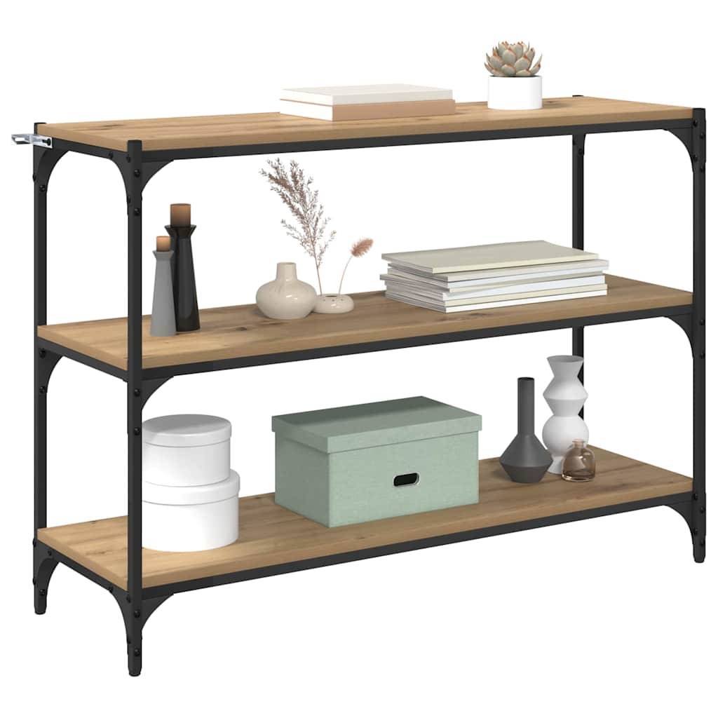 Dreistöckiges Industrie-Regal mit schwarzem Metallgestell und Holzregalen, bestückt mit Dekoobjekten wie Boxen, Vasen und Büchern.