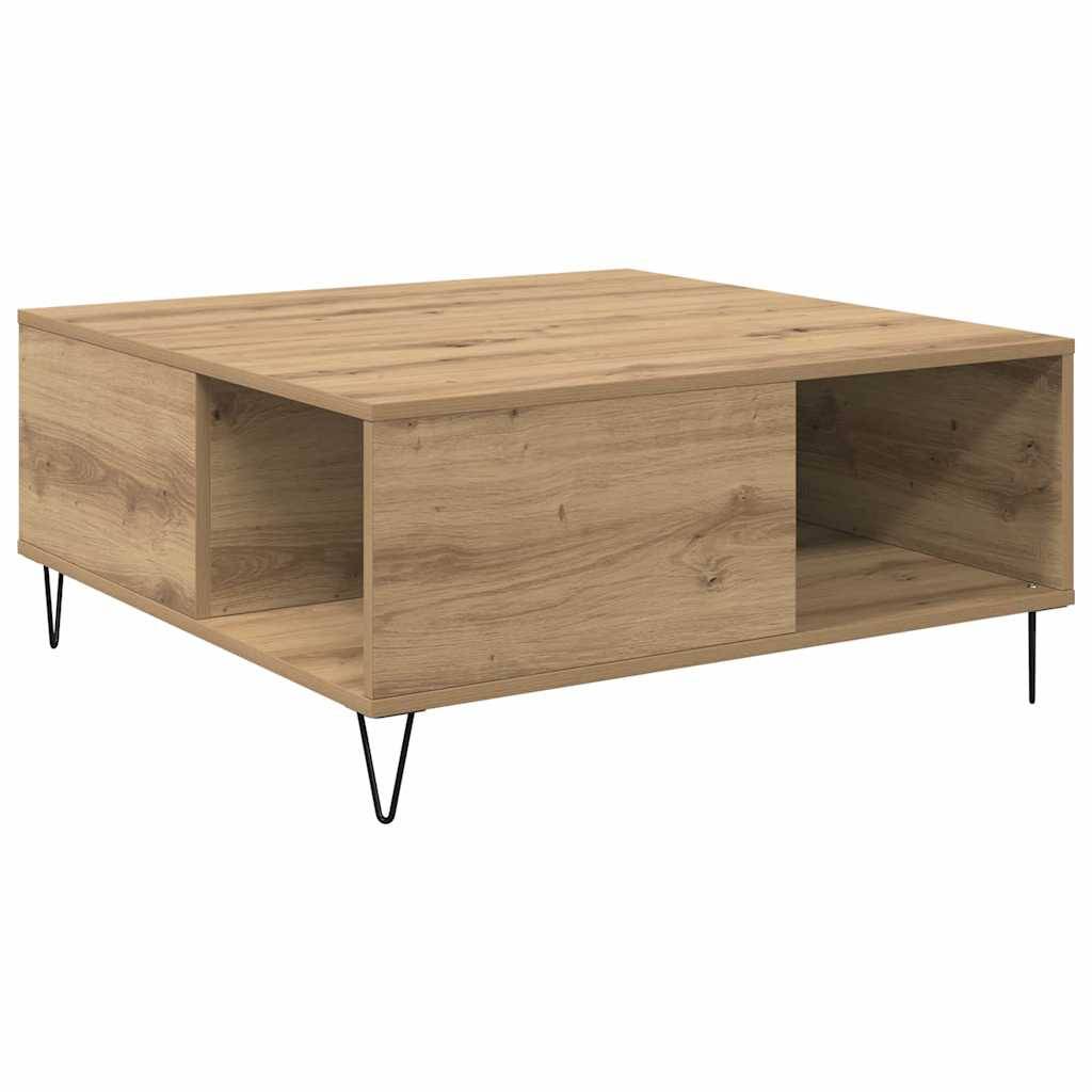 Rechteckiger Holz-Couchtisch mit offenen Seitenborden und schwarzen Metallhaarnadelbeinen auf weißem Hintergrund.