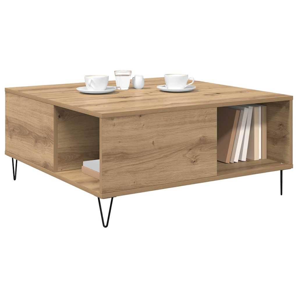 Holztischlein mit offenen Regalen auf beiden Seiten, schwarzen Haarnadelbeinchen und Tassen oben, auf weißem Hintergrund abgebildet.