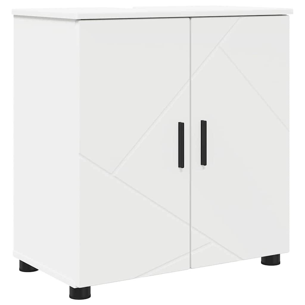 Weißer Schrank mit zwei Türen, die schwarze Griffe haben und auf kleinen schwarzen Beinen stehen. Der Schrank verfügt über subtile diagonale Liniendesigns auf den Türen.