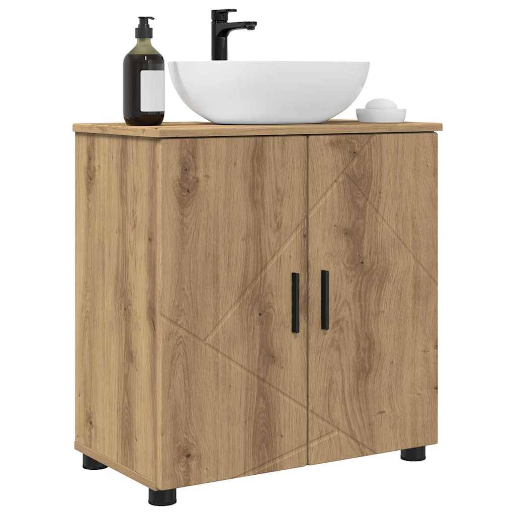 Ein Badezimmerschrank aus Holz mit zwei Türen, auf dem eine weiße Aufsatzbecken und ein Seifenspender platziert sind, vor einem einfarbigen Hintergrund.